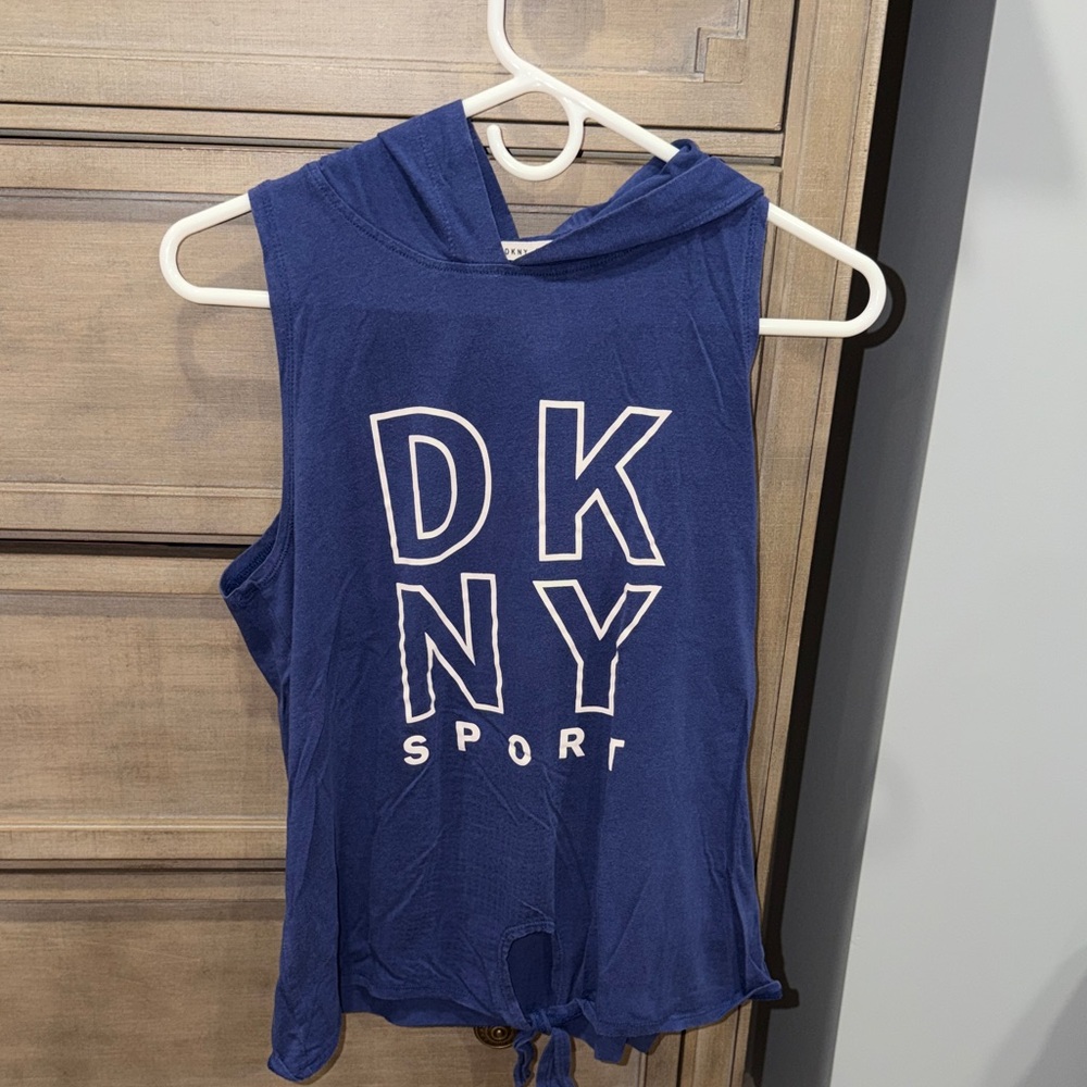 DKNY Blue Sleeveless Hoodie Tank with Front Logo